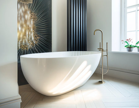 Modern bathroom interior with freestanding bathtub and faucet big window decorated wall. Elegant design cozy atmosphereの素材