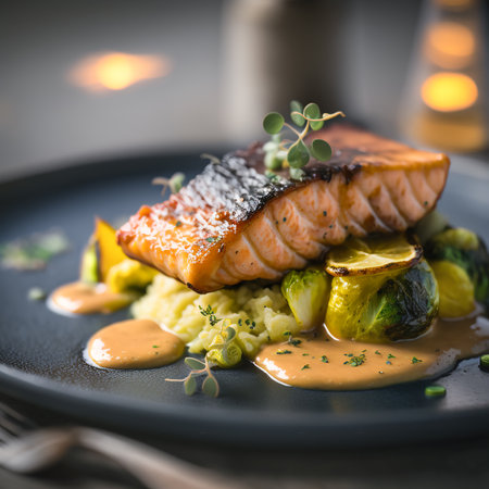 Salmon with appetizing crust on a bed of mashed cauliflower with roasted brussels sprouts and lemon slices. Restaurant table settingの素材