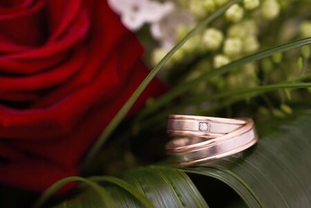 Two wedding rings perched on Wedding Bouquetの写真素材