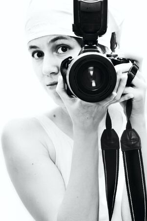 Young girl with cameraの写真素材