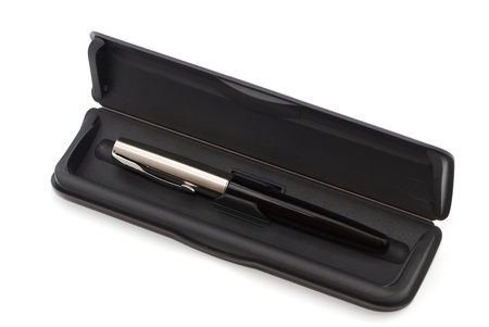 Fountain pen in a box isolated on whiteの写真素材