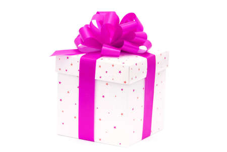 White gift box with purple ribbon isolated on whiteの写真素材