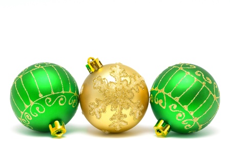 Christmas decorations - balls on a white background with space for textの写真素材