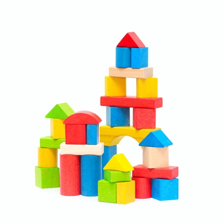 Wooden building blocks isolated on white backgroundの写真素材