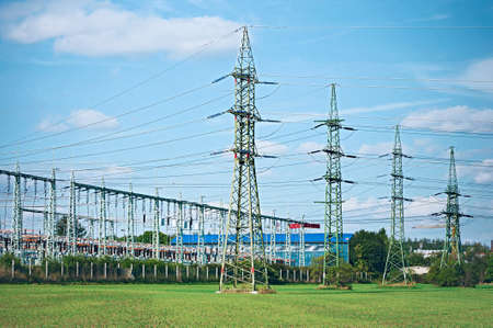 Line of high voltage electric converters equipment at a power plantの写真素材