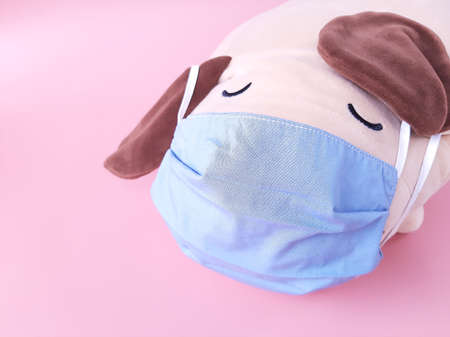 Plush dog toy wears fabric face mask on pink background, suitable for wear a mask campaign. High...