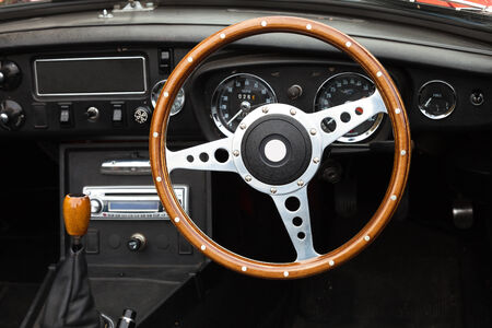 Wooden steering wheel from a Classic MGB roadster sports car