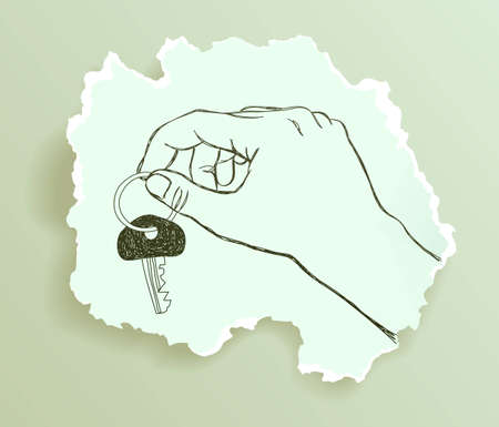 Hand holding a key, drawing on torn paper, vector eps8 illustrationのイラスト素材