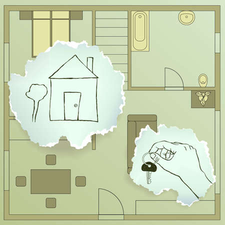 House plan with drawings on torn paper, vector eps8のイラスト素材