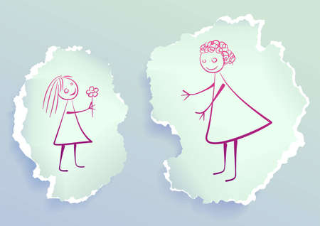 Girl giving flower to her mom, drawing on torn paperのイラスト素材