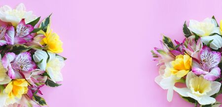 Spring flower arrangement. Pink astromeria and yellow tulips on a pink background. Background for...