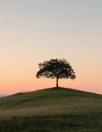 Lonely tree on a hill at sunset in the evening.の素材