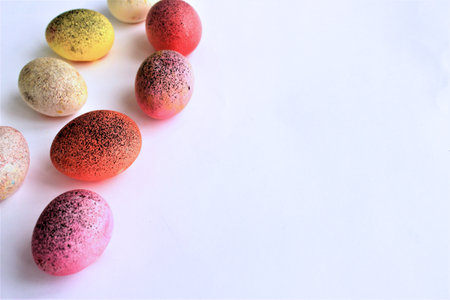 Colorful easter eggs on white background with copy space for textの写真素材
