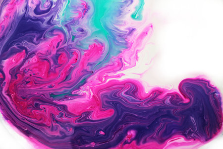 Abstract background of green-lilac-pink paint. The acrylic paint flows freely and creates an...