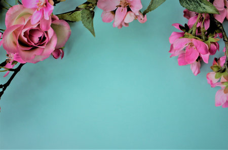 Flowers composition. Frame made of pink flowers on blue background. Flat lay, top view, copy spaceの写真素材