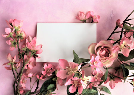 Flowers composition. Pink flowers on pink background. Flat lay, top view, copy spaceの写真素材