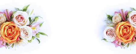 Flower composition. Frame made of different flowers on white background. Flat lay, top view, copy...