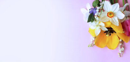 Bouquet of spring flowers on a pink background with space for text