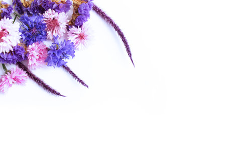 Bouquet of flowers on a white background. Place for text.の写真素材