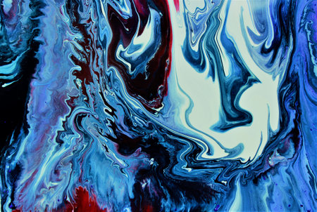 Abstract background of acrylic paint in blue, red and white tones.