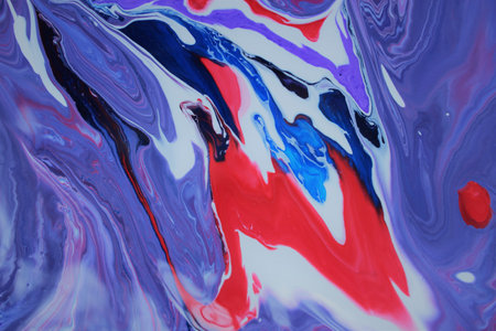 Abstract background of acrylic paint in blue and red tones, close-up
