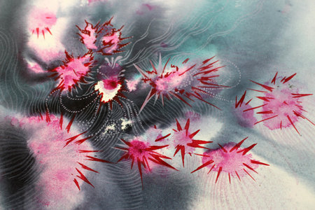 Abstract watercolor background with red flowers on grunge paper texture.
