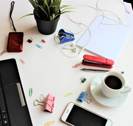 Office desk table with computer, supplies and coffee cup. Flat layの写真素材