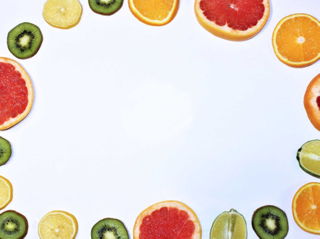 Fruit frame on a white background with space for your text.の写真素材