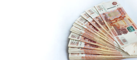 Stack of Russian money on white background with copy space for text.の写真素材