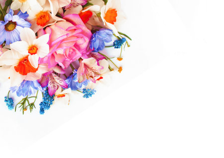 Spring bouquet with pink roses. Light floral arrangement.