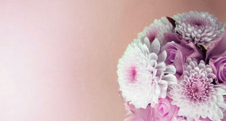 Bouquet of pink and white chrysanthemums on pink backgroundの写真素材