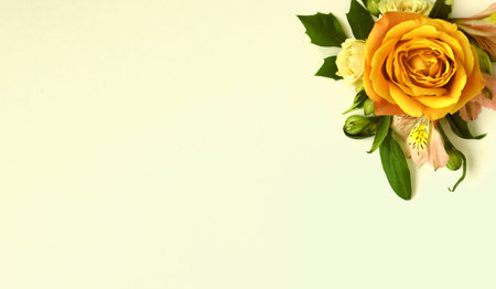 Flowers composition. Bouquet on white background. Flat lay, top view, copy spaceの写真素材