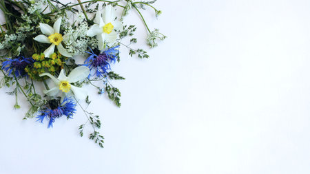 Bouquet of wildflowers on a white background. Place for text.の写真素材