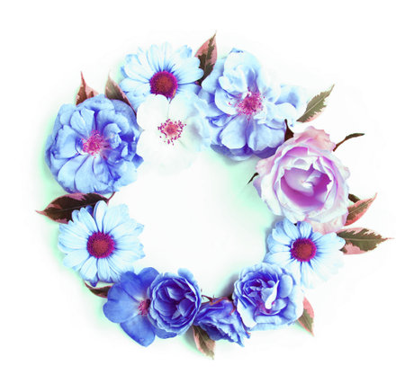 Floral wreath with roses and blue flowers isolated on white backgroundの写真素材