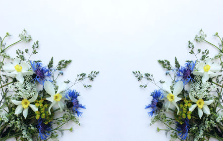 Beautiful bouquet of wildflowers on white background, top viewの写真素材