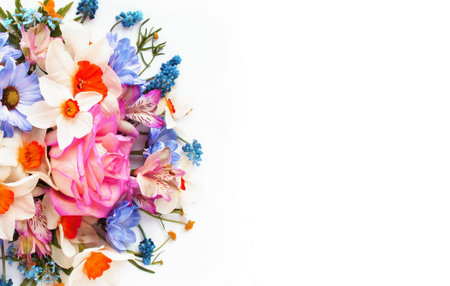 Bouquet of spring flowers on white background. Flat lay, top view.