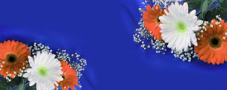 Bouquet of flowers on a blue background. 3d illustrationの写真素材