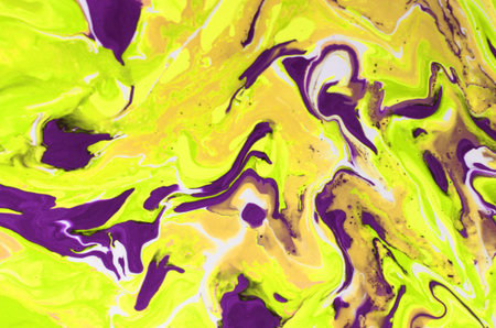 abstract yellow and purple background of acrylic paint in marbling style