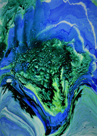 Abstract background of acrylic paint in blue and green tones. Liquid marble texture.