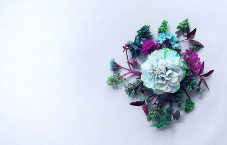 Beautiful bouquet of flowers on white background. Flat lay, top view.