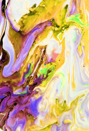 Abstract background of acrylic paint in yellow, purple and pink colors.
