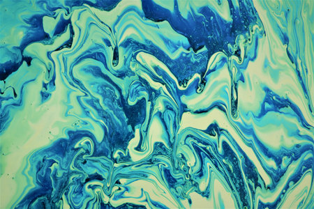 Blue and green abstract acrylic background. Marbling texture. Agate ripple pattern. Gold powder.