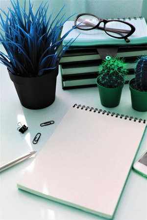 Office desk table with supplies. Top view. Copy space for text.