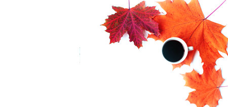 A cup of coffee and autumn maple leaves on a white background.