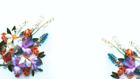 Flowers composition on white background. Flat lay, top view.
