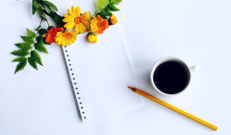 Cup of coffee with notebook and flower on white background, top viewの写真素材