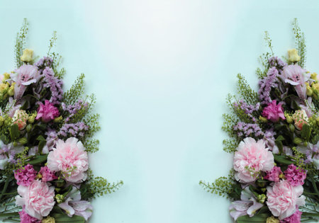 Flower arrangement on blue background. Flat lay, top view.の写真素材