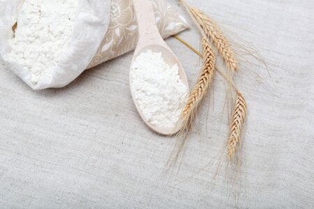 Flour and wheat grain on sackclothの写真素材
