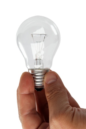 Arm holding light bulb isolated on whiteの写真素材