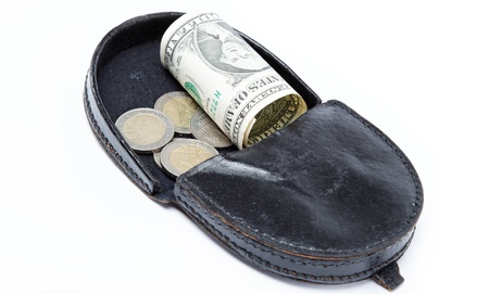 Black purse on white background.